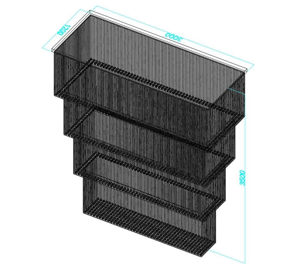 Đèn chùm pha lê thả thông minh PL024 gồm 5 tầng thanh tam giác trắng , hạt pha lê D40  mắt COB dimer 3 màu có điều khiển xa, mâm inox gương trắng hình chữ nhật, KT(mm): 3000 x 1200 x 4300